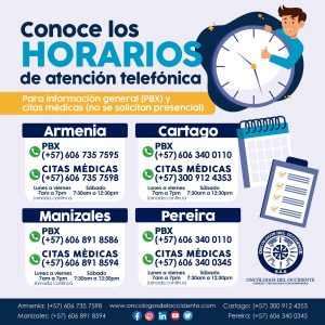 Horarios de atención en las sedes de Oncólogos del Occidente