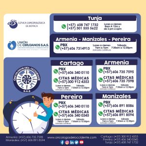 Horarios de atención y teléfonos de las sedes de: Clínica Cancerológica de Boyacá, Oncólogos del Occidente y Unión de Cirujanos