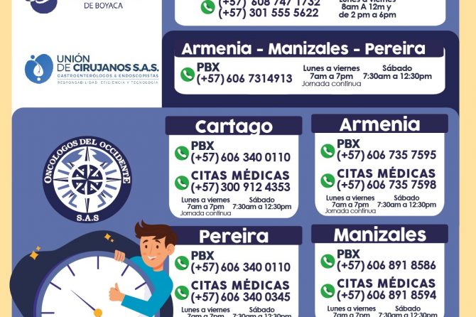 Horarios de atención y teléfonos de las sedes de: Clínica Cancerológica de Boyacá, Oncólogos del Occidente y Unión de Cirujanos
