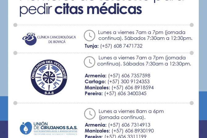 Números de teléfono para pedir citas médicas en Clínica Cancerológica De Boyacá, Oncólogos Del Occidente y Unión De Cirujanos