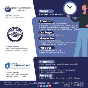 Direcciones y horarios de atención de las 15 sedes de Clínica Cancerológica de Boyacá, Oncólogos del Occidente y Unión de Cirujanos