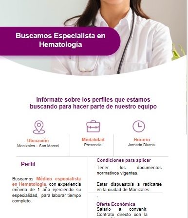 Zentria y Oncólogos del Occidente busca Especialista en Hematología en Manizales Caldas